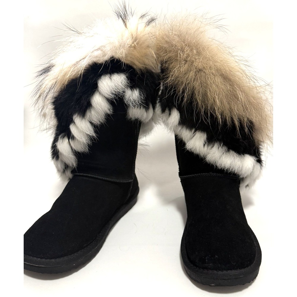 Boot Shoes Womens Size 37/US 6.5 Black Leather Suede Fur Trim